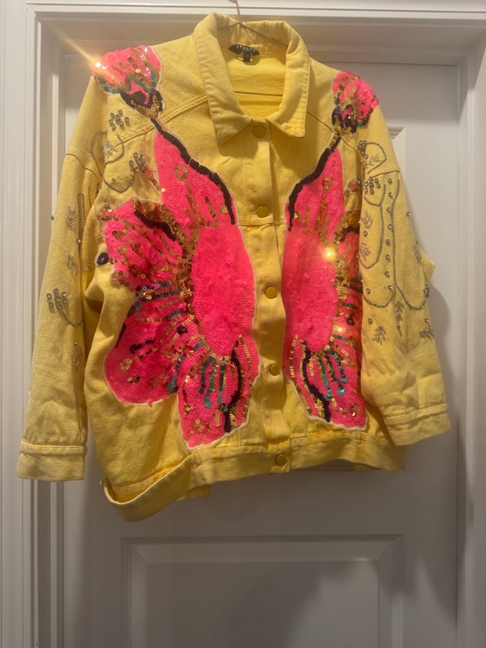 Yellow Denim Jacket with Hot Pink Sequin Butterfly